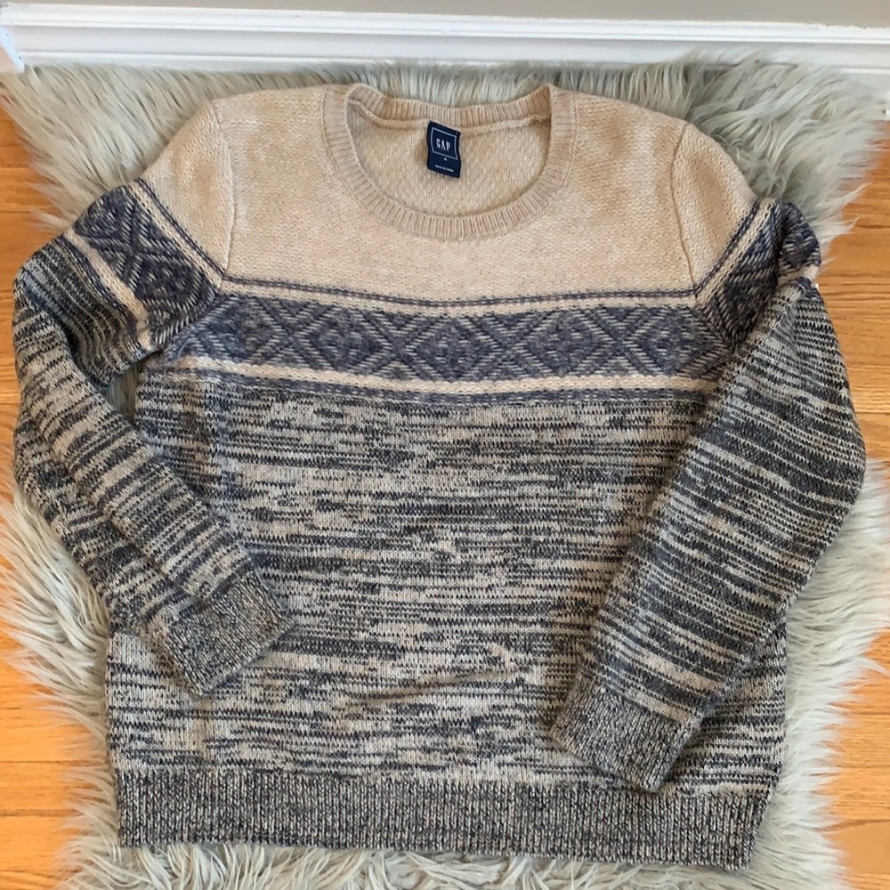 Gap Wool Blend Crewneck Tan and Blue Long Sleeve Sweater